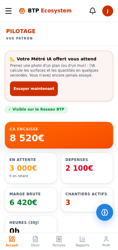 Tableau de bord BTP Ecosystem sur smartphone