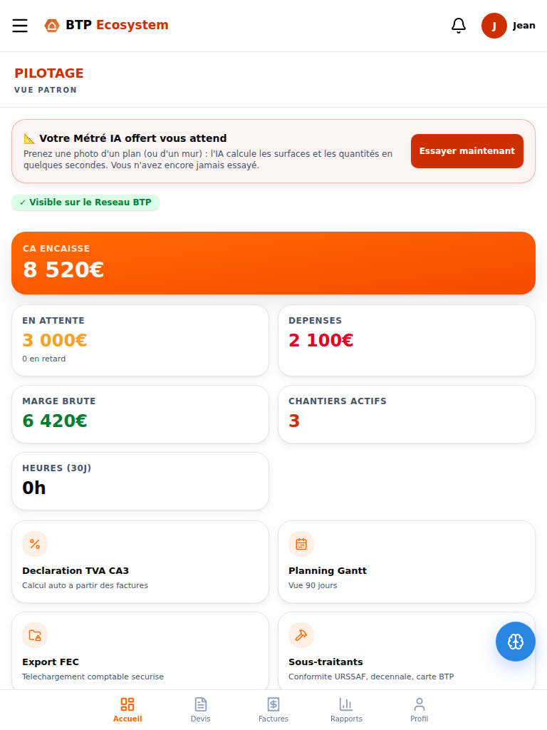 Tableau de bord BTP Ecosystem sur tablette